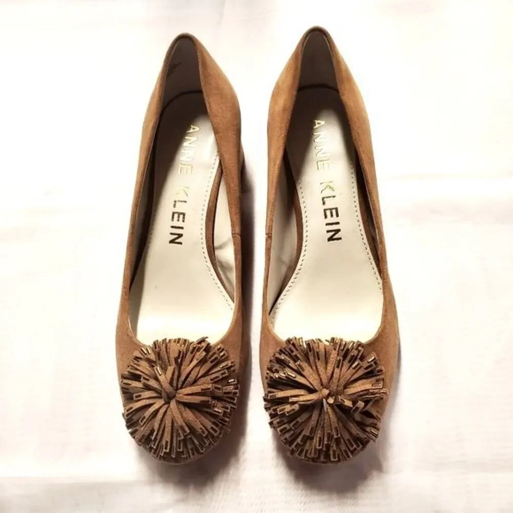 Anne Klein iflex Happy Toffee Suede Pom om Slip On Block Heel Versatile Shoes